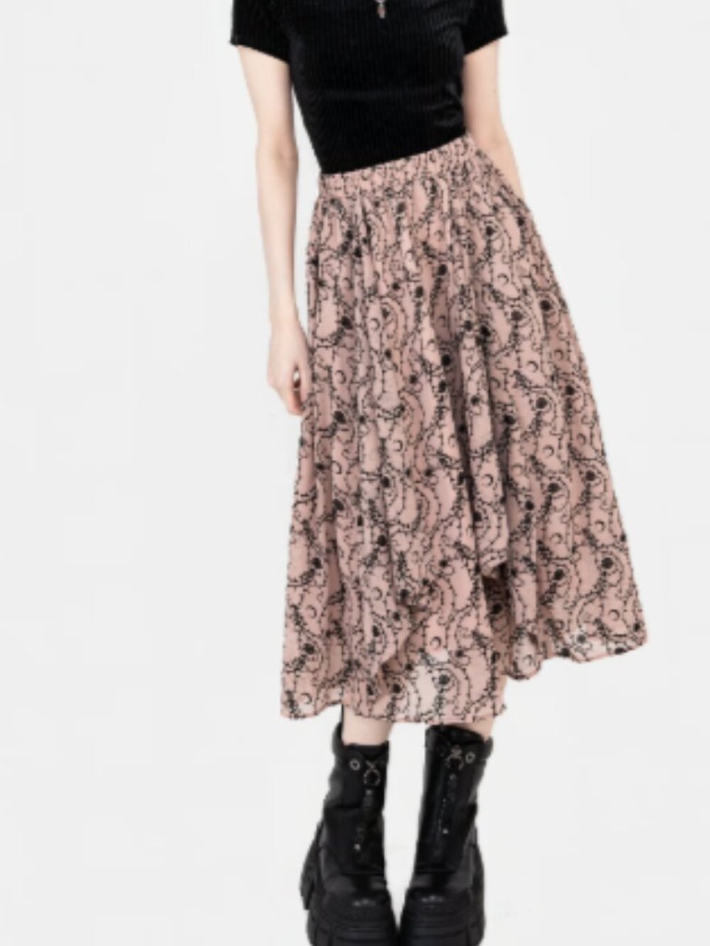 Disturbia Pink Paisley Midi Skirt with Black Print